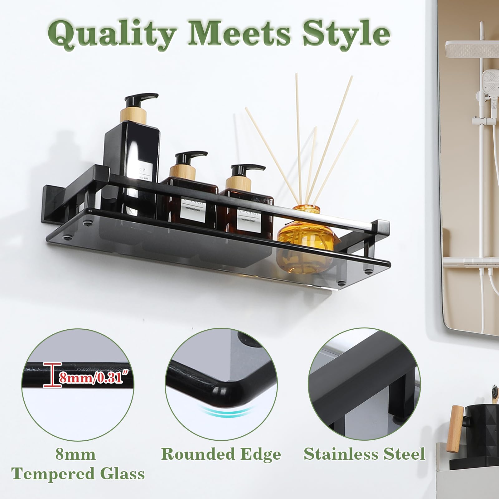 Alise Glass Bathroom Shelf, Matte Black Tempered Glass Shelves For Bathroom, Stainless Steel Modern Bathroom Floating Shelves Wa